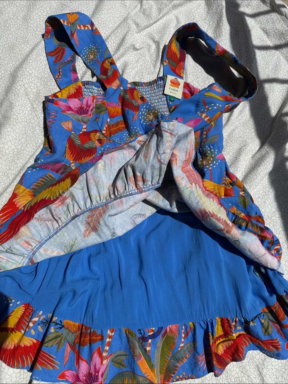 Farm Rio dress mini Blue pockets Tropical parrots Sundress linen-Ruffle hem - XL - Picture 13 of 17
